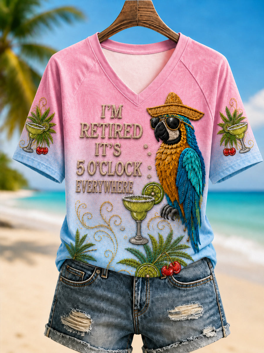 Women's I'm Retired It's 5 O'clock Everywhere Parrot V-neck Short Sleeve T-shirt gracestitchs