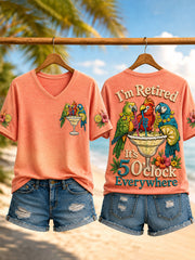 Women's I'm Retired It's 5 O'clock Everywhere Parrots Print Casual V-Neck Tee gracestitchs
