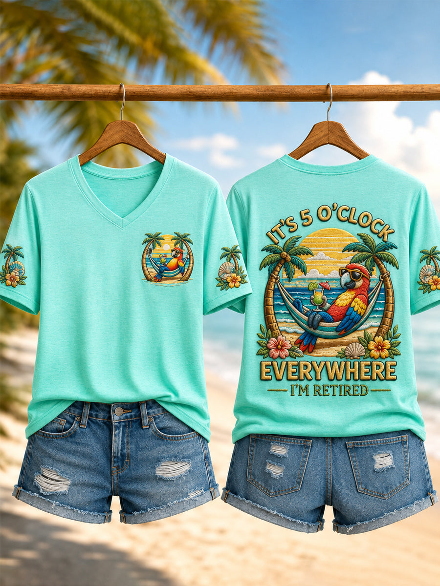 Women's I'm Retired It's 5 O'clock Everywhere Parrot Print Casual V-Neck Tee gracestitchs