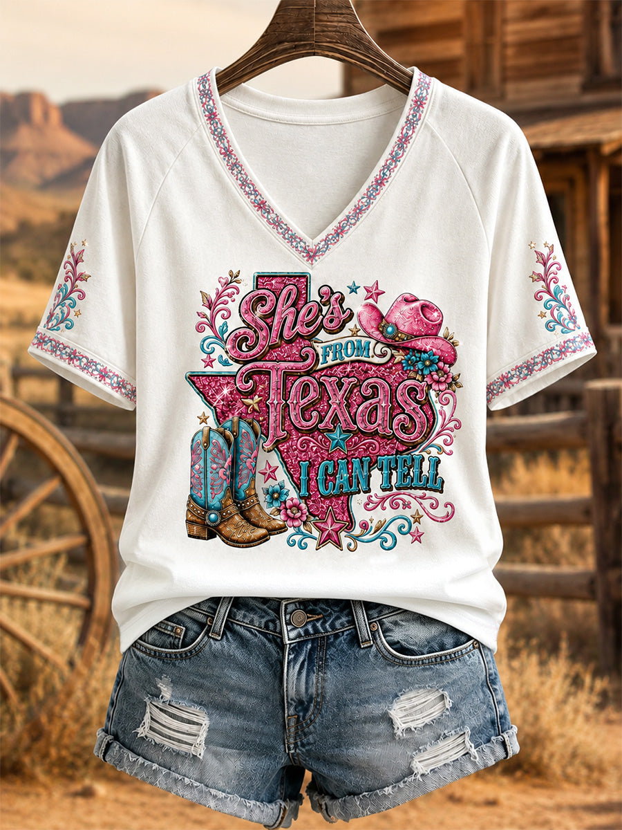 Women's She's From Texas I Can Tell Print Casual V-Neck Tee gracestitchs