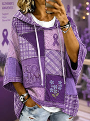 Women's Purple Floral & Elephant Print Alzheimer's Awareness Support Short-Sleeve Hoodie gracestitchs