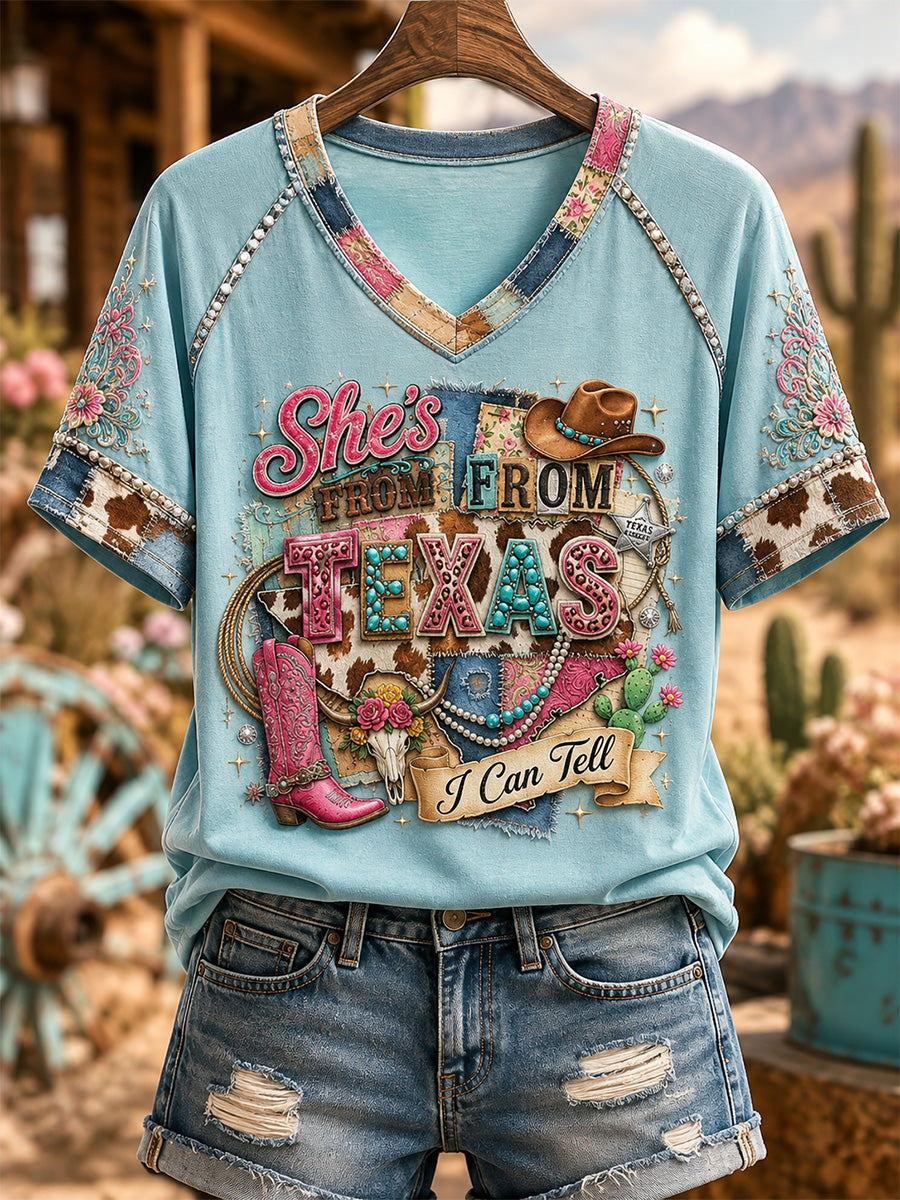 Women's She's From Texas I Can Tell Print Casual V-Neck Tee gracestitchs