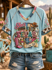 Women's She's From Texas I Can Tell Print Casual V-Neck Tee gracestitchs