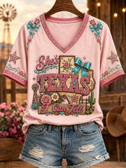 Women's She's From Texas I Can Tell Print Casual V-Neck Tee gracestitchs