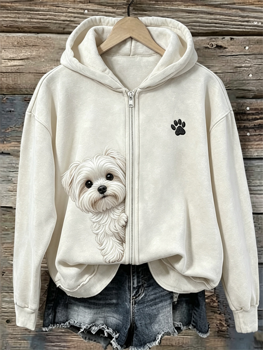 Women's Peeking Maltese Dog & Paw Print Full Zip Hoodie gracestitchs
