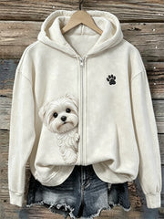 Women's Peeking Maltese Dog & Paw Print Full Zip Hoodie gracestitchs