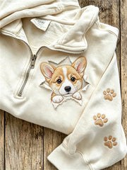 Women's cute little dog pattern printed casual half zipper sweatshirt gracestitchs