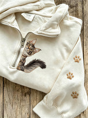 Women's cute cat pattern printed casual half zipper sweatshirt gracestitchs