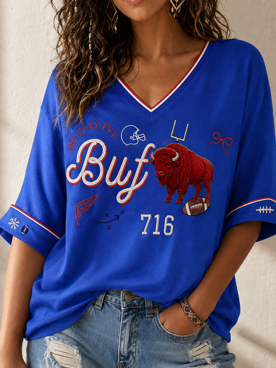 Women's Football Lover Bulls Buffalo Art Printed Linen T-shirt gracestitchs