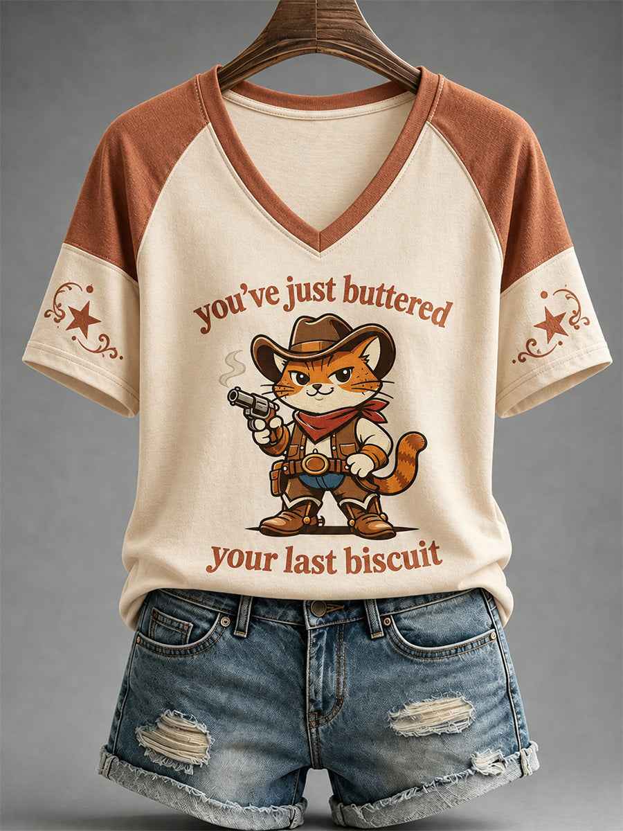 Women's You’ve Just Buttered Your Last Biscuit Print Casual V-Neck Tee