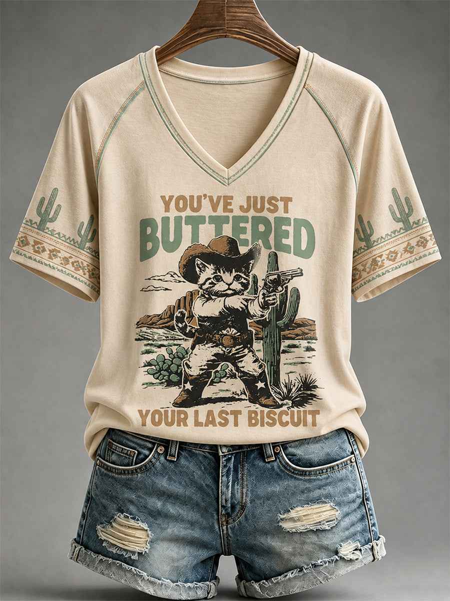 Women's You’ve Just Buttered Your Last Biscuit Print Casual V-Neck Tee