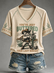 Women's You’ve Just Buttered Your Last Biscuit Print Casual V-Neck Tee gracestitchs