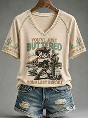 Women's You’ve Just Buttered Your Last Biscuit Print Casual V-Neck Tee