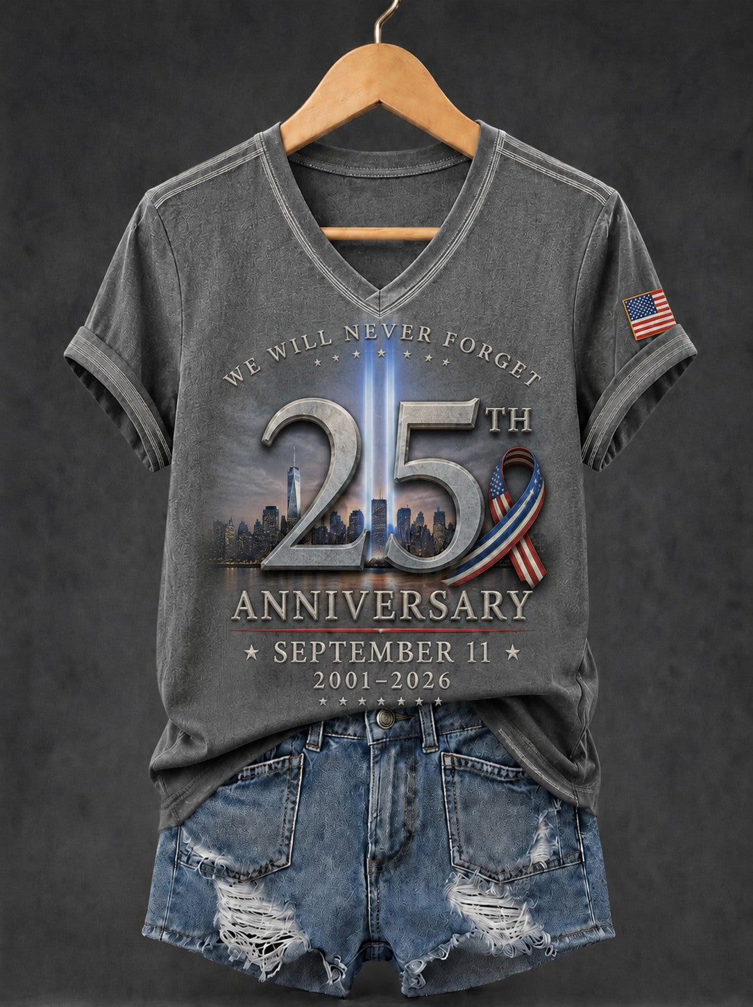 Women's 9.11 Never Forget Printed V-neck T-shirt gracestitchs