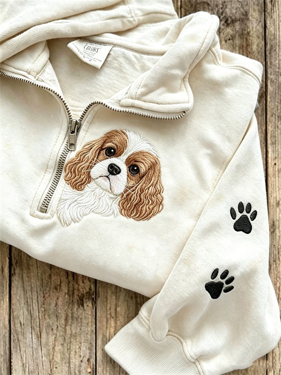 Women's Peeking King Charles Dog & Paw Prints Zip Up Sweatshirt gracestitchs