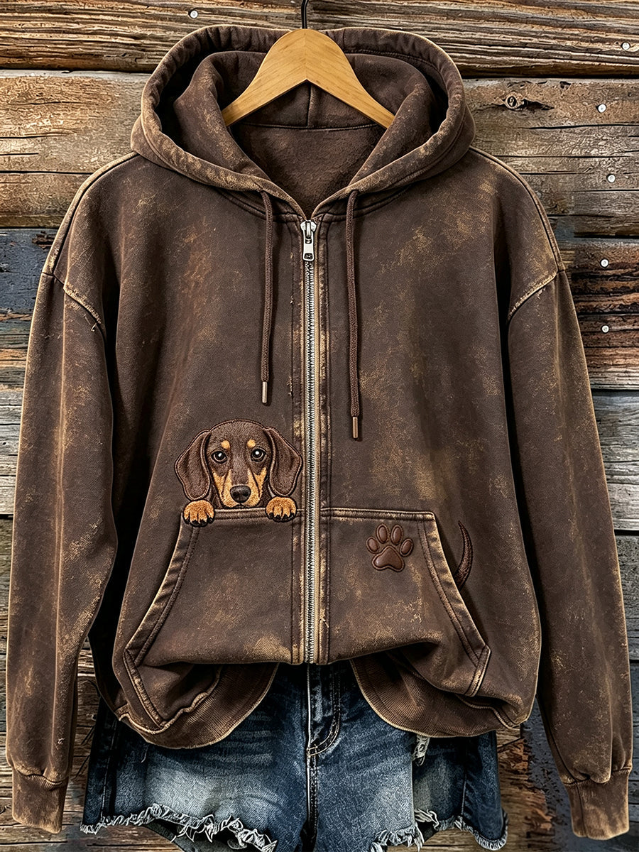 Women's Lovely Peeking Dachshund with Paw Print Cozy Zip-Up Hoodie gracestitchs