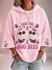 Women's Save The Boo Bees Halloween Pink Ghost Bees Print Breast Cancer Awareness Support 3/4 Sleeve Hoodie