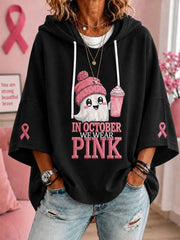 Women's In October We Wear Pink Halloween Pink Ghost Print Breast Cancer Awareness Support Short-Sleeve Hoodie