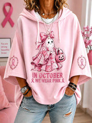 Women's In October We Wear Pink Halloween Pink Ghost Print Breast Cancer Awareness Support 3/4 Sleeve Hoodie