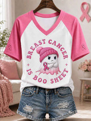 Women's Breast Cancer Is Boo Sheet Halloween Pink Ghost Print Breast Cancer Awareness Support V-Neck Tee