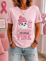 Women's In October We Wear Pink Halloween Pink Ghost Print Breast Cancer Awareness Support Tee