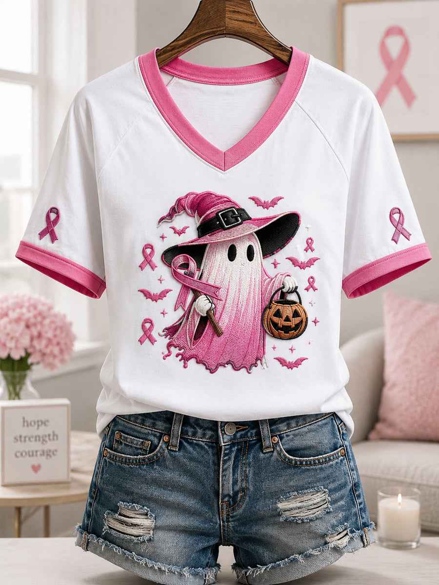 Women's In October We Wear Pink Halloween Pink Ghost Print Breast Cancer Awareness Support V-Neck Tee