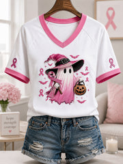 Women's In October We Wear Pink Halloween Pink Ghost Print Breast Cancer Awareness Support V-Neck Tee gracestitchs