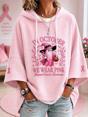Women's In October We Wear Pink Halloween Pink Ghost Print Breast Cancer Awareness Support Short-Sleeve Hoodie
