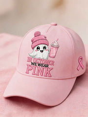 Unisex In October We Wear Pink Halloween Pink Ghost Print Breast Cancer Awareness Support Hat