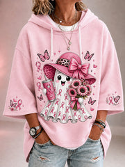 Women's In October We Wear Pink Halloween Pink Ghost Print Breast Cancer Awareness Support 3/4 Sleeve Hoodie gracestitchs