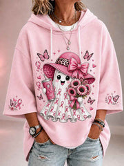 Women's In October We Wear Pink Halloween Pink Ghost Print Breast Cancer Awareness Support 3/4 Sleeve Hoodie