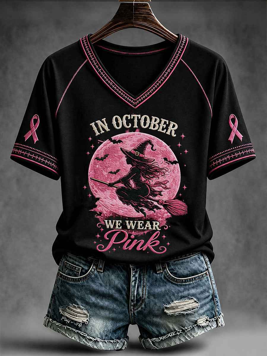 Women's In October We Wear Pink Witch V-neck T-shirt