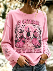 Women's In October We Wear Pink Halloween Pink Witches Print Breast Cancer Awareness Support Sweatshirt gracestitchs