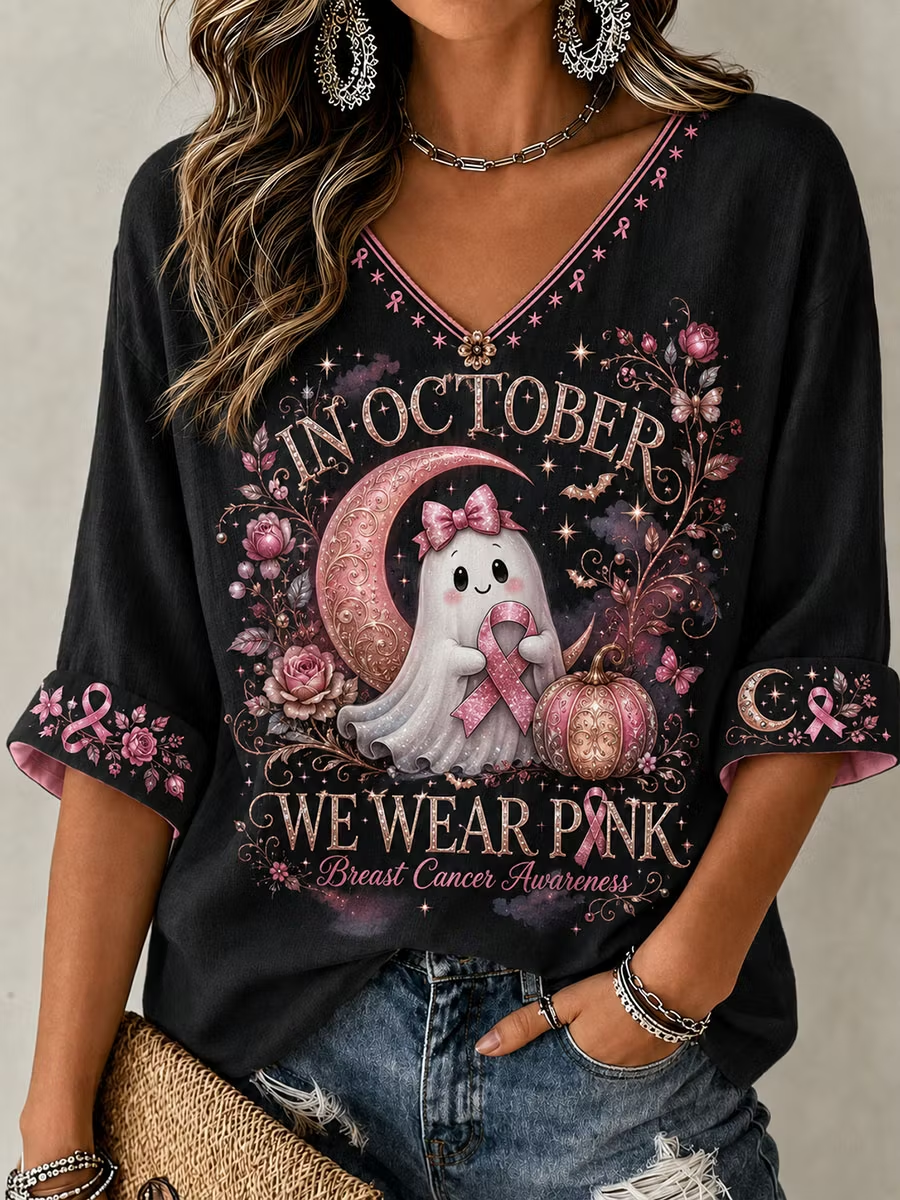 Women's In October We Wear Pink Mid-length Sleeves V-Neck T-Shirt gracestitchs