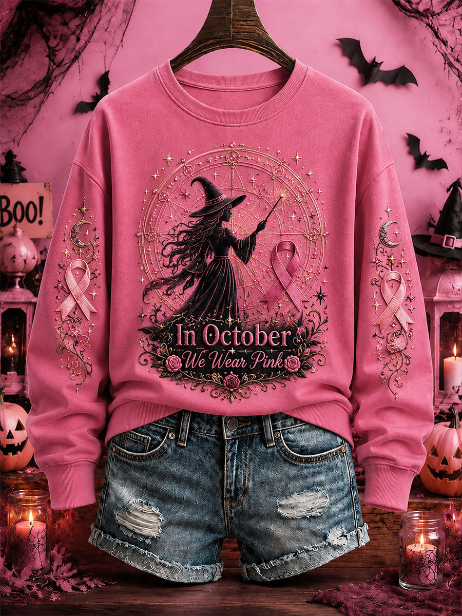 Women's Breast Cancer Awareness Halloween Witch-Themed Casual Regular Sweatshirt gracestitchs