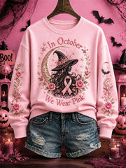 Women's Breast Cancer Awareness Halloween Witch-Themed Casual Regular Sweatshirt gracestitchs