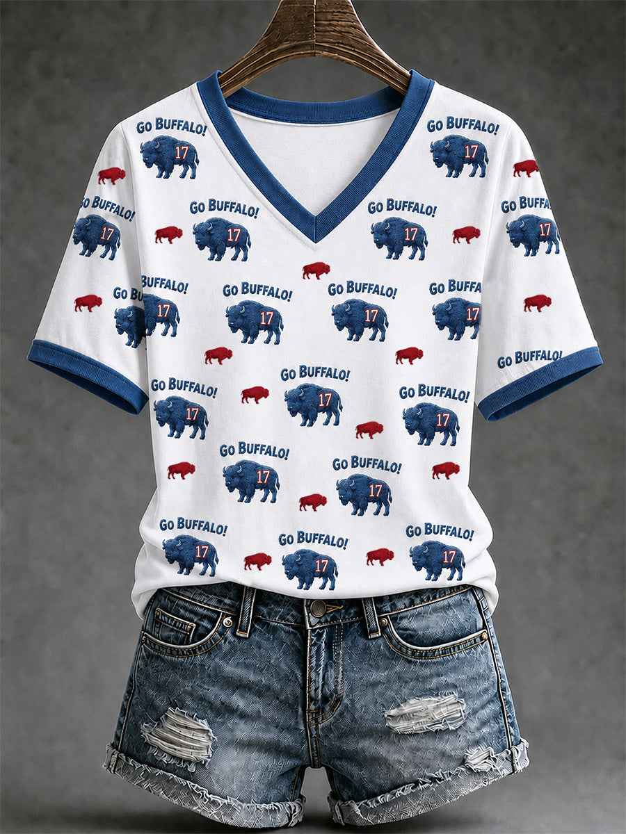 Women's Football Lover Buffalo Print V-Neck Tee