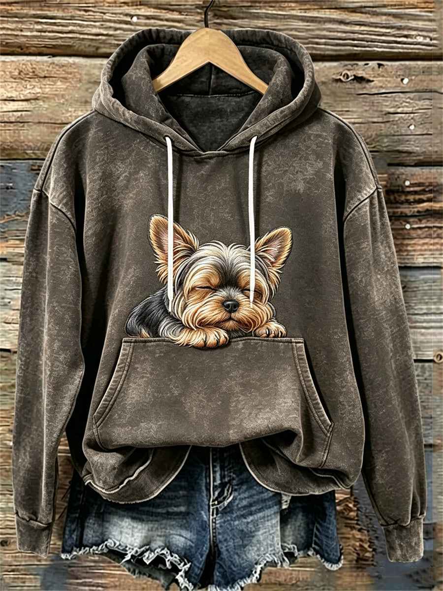 Women's Lovely Sleeping Yorkshire Dog Print Cozy Hoodie