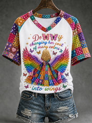 Women's Dolly Changing Her Coat Of Many Colors Into Wings Country Music Legend Tribute V-Neck Tee