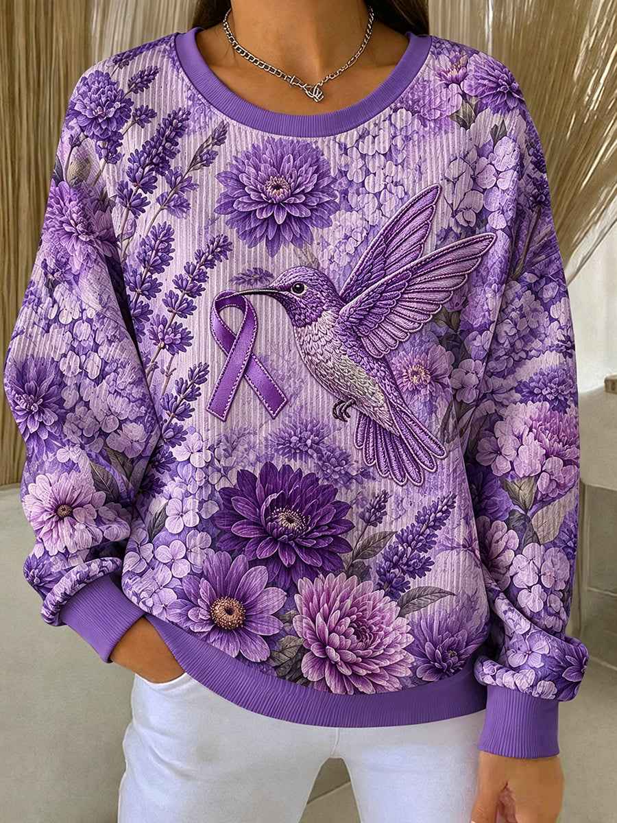Women's Alzheimer's Awareness Purple Floral Hummingbird Print Sweatshirt