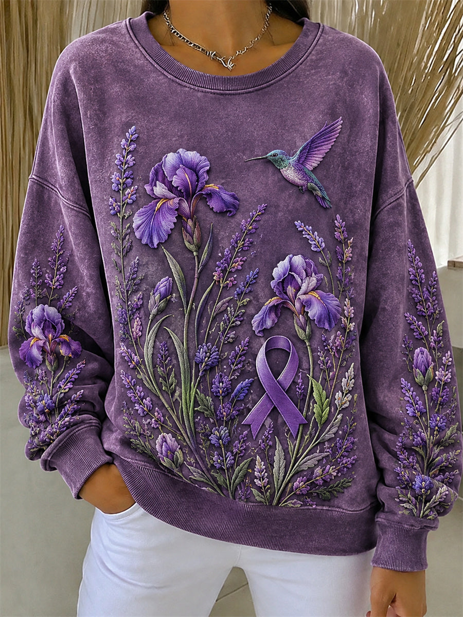 Women's Humming Bird & Irises Lavender Floral Print Alzheimer's Awareness Sweatshirt