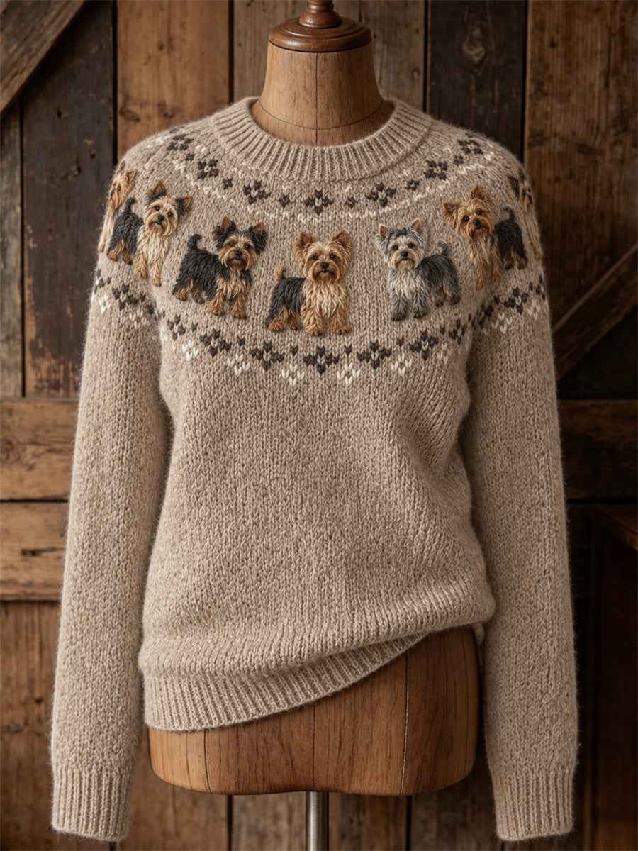 Women's Vintage Yorkie Dogs Yoke Isle Pattern Print crew neck sweater
