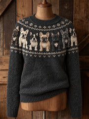 Women's Vintage French Bulldogs Yoke Isle Pattern Print crew neck sweater gracestitchs