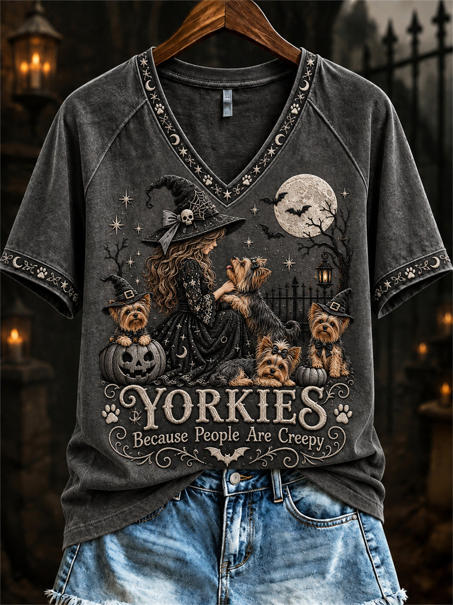 Women's Yorkies Because People Are Creepy Halloween Witch & Dogs Print short-sleeved T-shirt