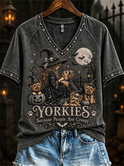 Women's Yorkies Because People Are Creepy Halloween Witch & Dogs Print short-sleeved T-shirt