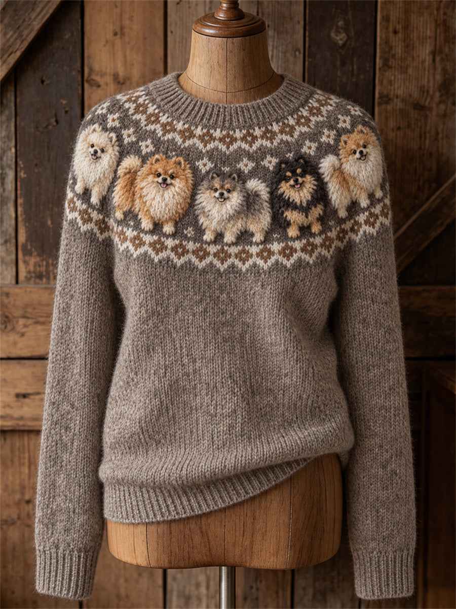 Women's Vintage Lovely Pomeranian Dogs Yoke Isle Print crew neck sweater