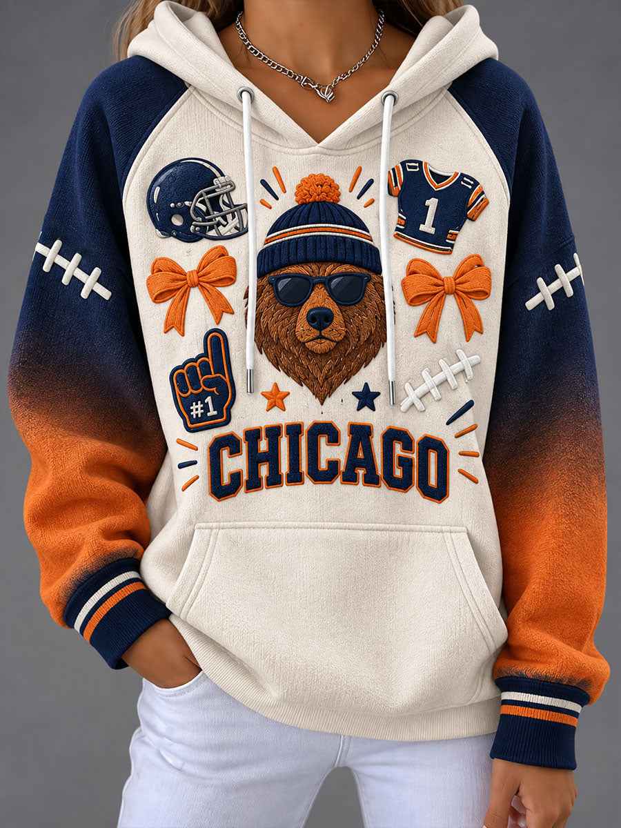 Women's Chicago Football Lover Bear Art Printed Hoodie