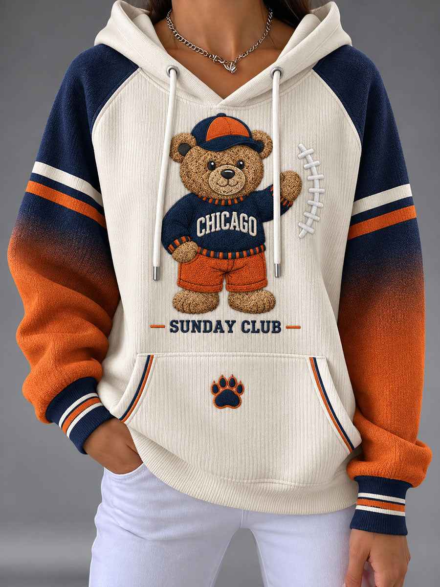 Women's Chicago Football Lover Bear Art Printed Hoodie