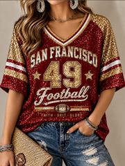 Women's Football Gameday Gift For Football Fans Mid-length Sleeves V-Neck T-Shirt gracestitchs