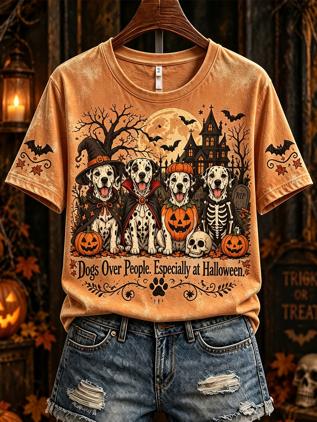 Women's Halloween Dog Pattern Design Casual Short Sleeve T-shirt gracestitchs